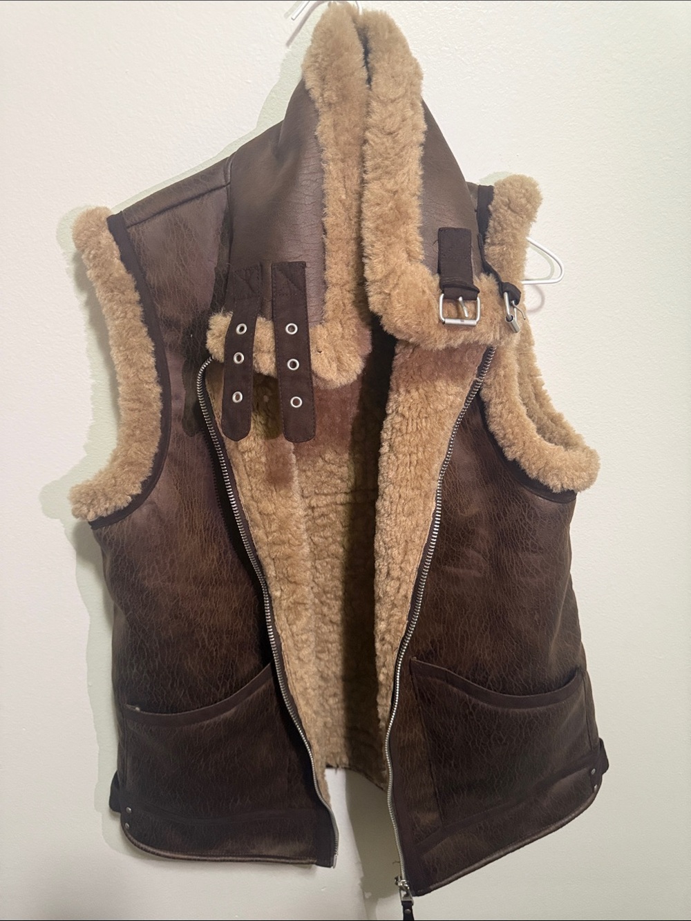 7 For All Mankind Brown Leather Sherpa Vest